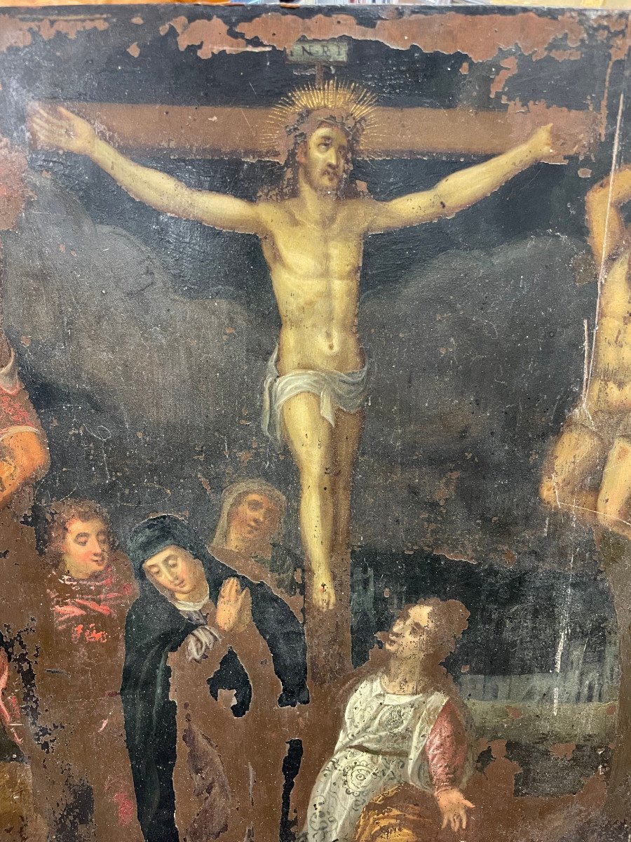 Ecole Française Du XVIIème - Crucifixion Huile Sur Cuivre-photo-3